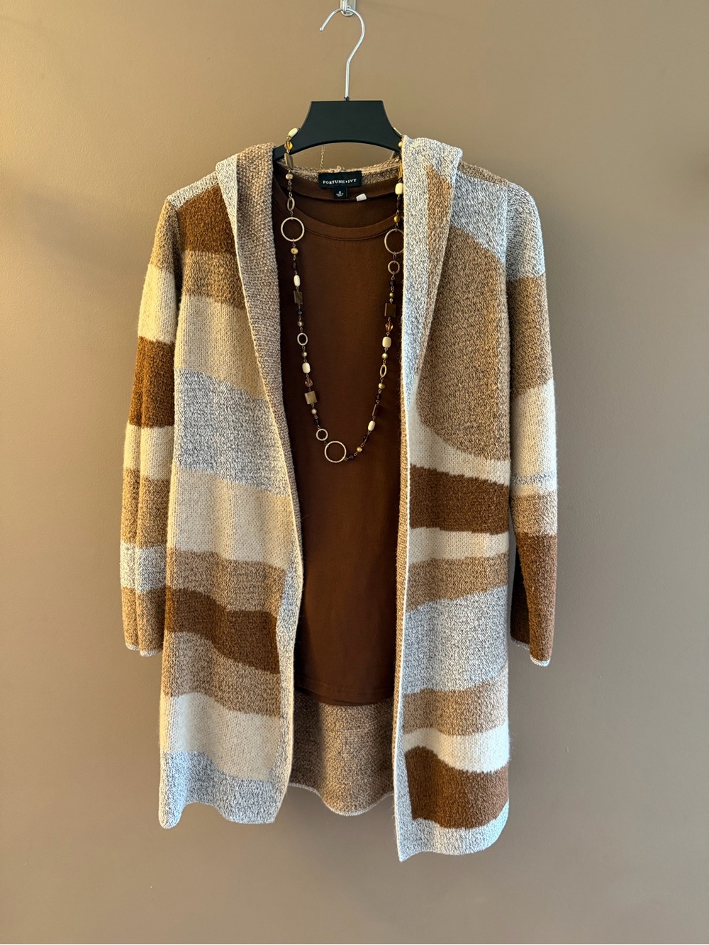 Striped Hooded Open-Front Cardigan in Brown & Cream